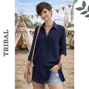 Tribal Jeans Navy Button Front Tunic Blouse NWT XS